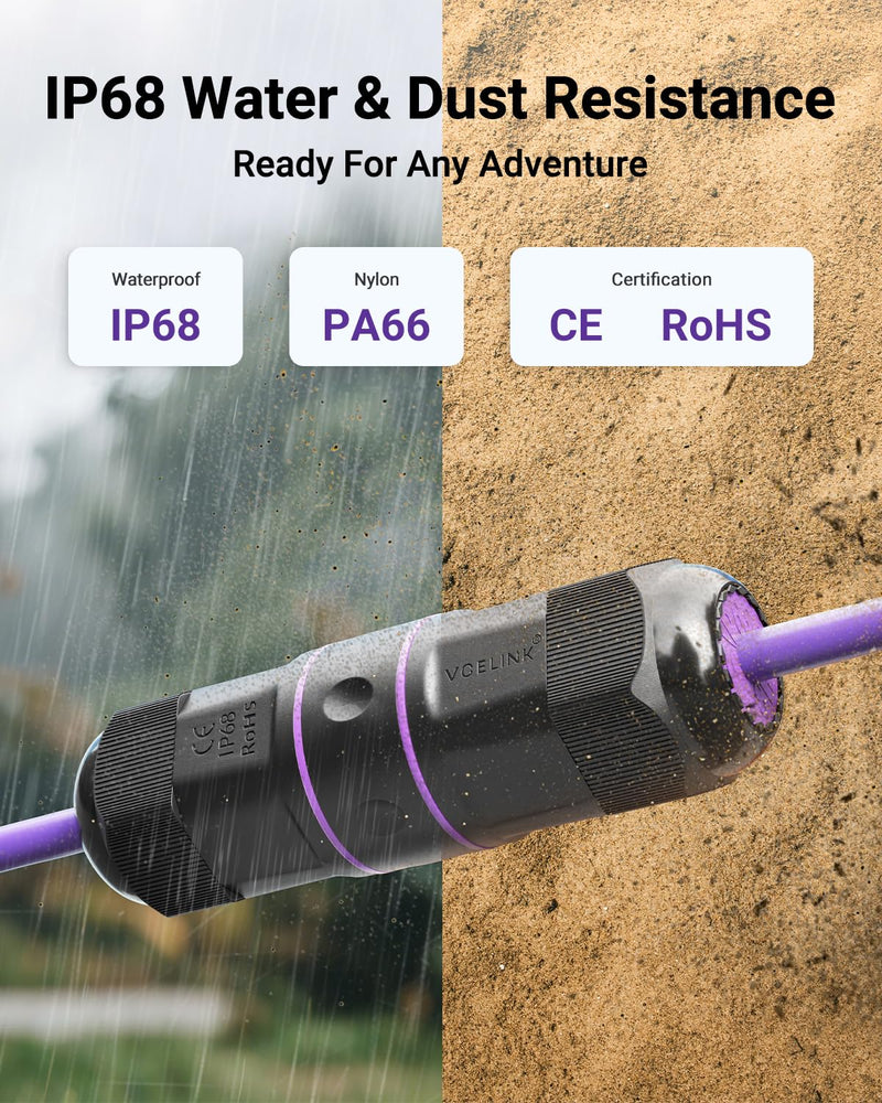 VCELINK Outdoor Waterproof RJ45 Coupler IP68 - Compact Design for Tight Spaces, Shielded Waterproof Ethernet Connector, Cat6/Cat5E/Cat5, PoE, 3.64in (Purple-6 Pack) 6