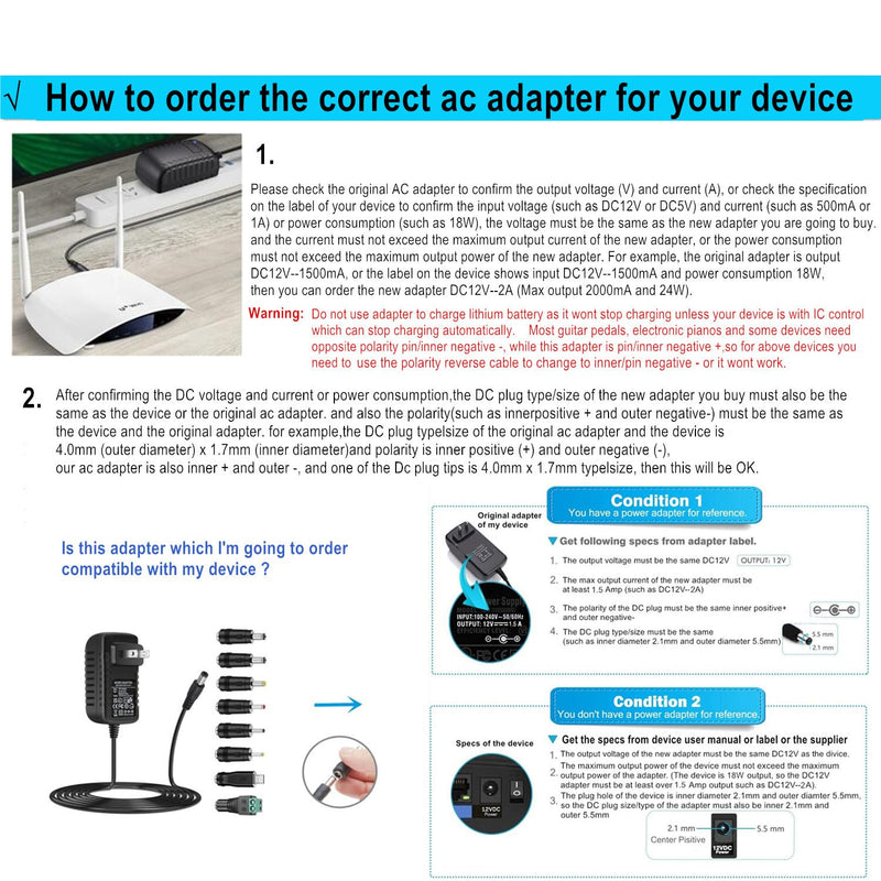 AC Adapter 9V 2A Power Supply AC110V to DC9V 2000mA 1500mA 1000mA 500mA Power Driver 8 DC Plug Tips 9 Volt Converter Inverter Charger Transformer ac dc Adapter