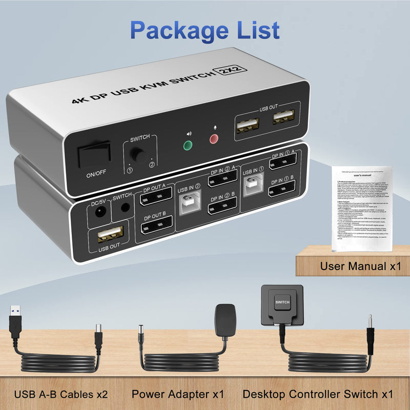 DisplayPort KVM Switch Dual Monitors for 2 Computers 4K@60Hz 2 in 2 Out Displayport KVM Switch with Audio Microphone Output and 3 USB Ports, Keyboard Mouse Displayport Dual Monitor KVM