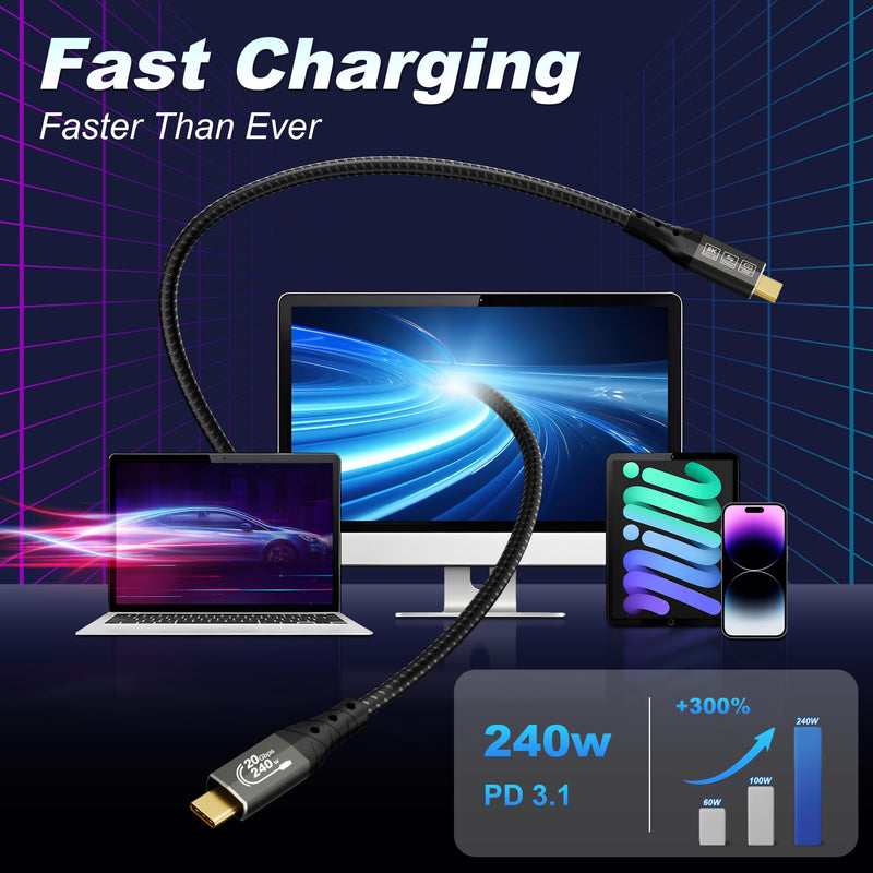 ZIKNYDO Long USB C to USB C Cable 16FT, Supports Up to 20Gbps Data Transfer, 240W Charging, 8K@30Hz, 4K@60Hz /144Hz Video Output, USBC Display Cord for Monitor, Laptop, MacBook Pro, iPad Pro (5m) 16FT*1