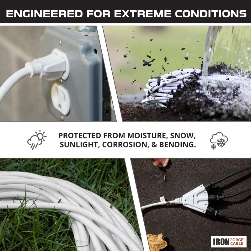 Iron Forge Cable 25ft White Outdoor Extension Cord with 3 Outlets - 16/3 SJTW 25ft Extension Cord 3 Prong, 13 Amp All-Weather Heavy Duty Power Cable 25 Foot