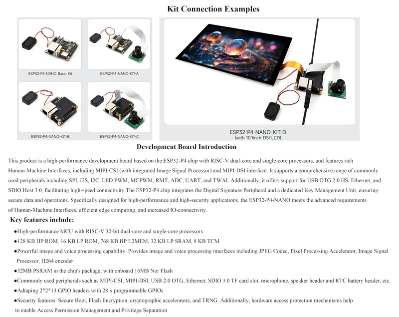 ESP32-P4-NANO Development Board, ESP32-P4 Chip: RISC-V Dual-Core and Single-Core Processors, Human-Machine Interfaces: MIPI-CSI, MIPI-DSI, USB, ETH, etc. Comes with Speaker and PoE Module, 4 Items