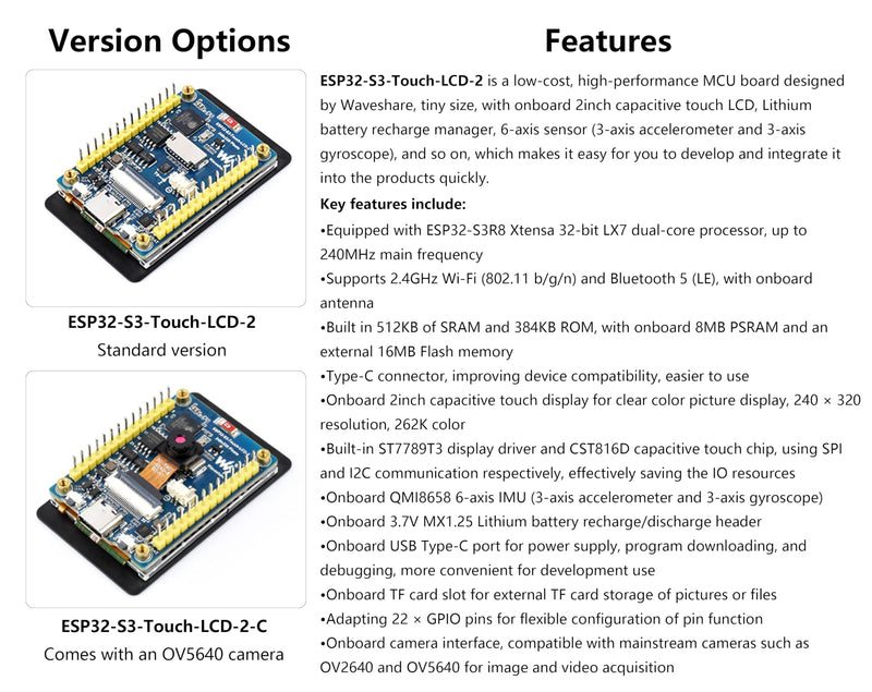ESP32-S3 2inch Capacitive Touch Display Development Board, Onboard 2inch IPS Touchscreen 240x320 Pixels, 32-bit LX7 Dual-core Processor, Supports WiFi & Bluetooth (Without Camera Module)