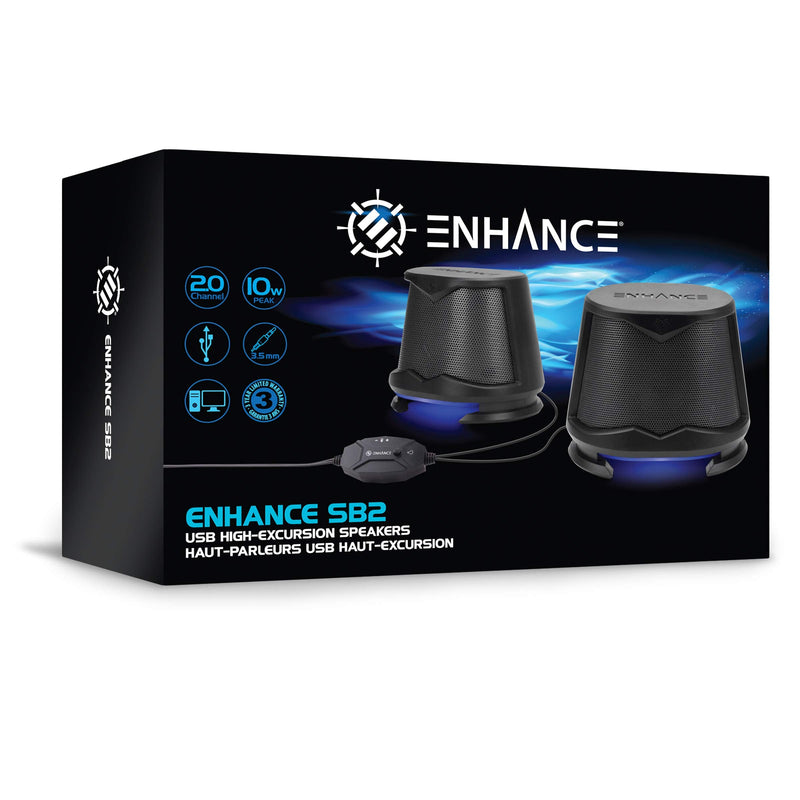 ENHANCE SB2 PC Speakers with Blue LED Glow Lights and 2.0 USB Powered Design - 10W Peak Sound, 3.5mm Wired Connection, in-Line Volume Control - Compatible with Gaming Desktop, Laptop, PC - Black