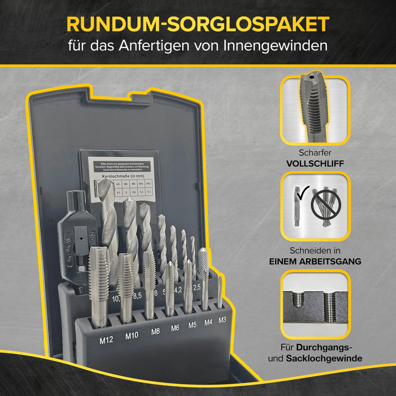 Thread cutter set [made of HSS steel | with core hole drill set] - 15-piece tap set in popular sizes from M3 - M12 including tap wrench & storage box | Thread cutting set - from monkeystrong® single tap