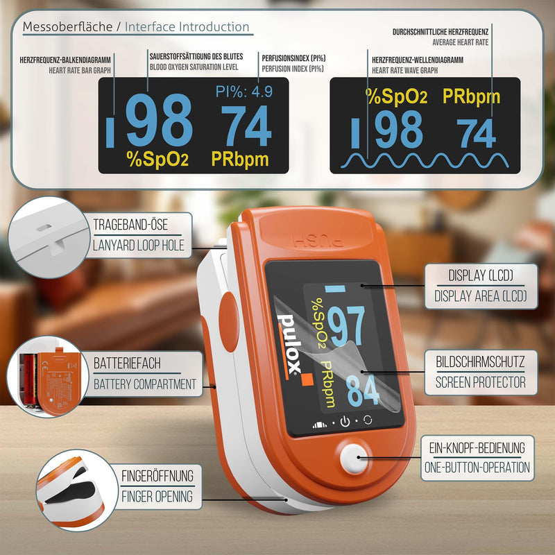 Pulox PO-200 Solo Pulse Oximeter Orange for Measuring SpO2, Pulse and PI | With precision indicator for reliable control of oxygen saturation, heart rate and perfusion index