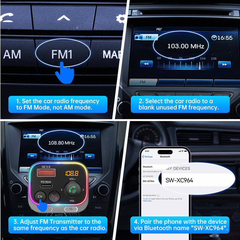 Syncwire Bluetooth 5.4 FM Transmitter Car Adapter 54W (PD 36W & 18W) [Stronger Dual Mics] [Light Switch] [HiFi Bass Sound] [Fast Charging] Wireless Radio Receiver Hands-Free Calling LED Display Silver