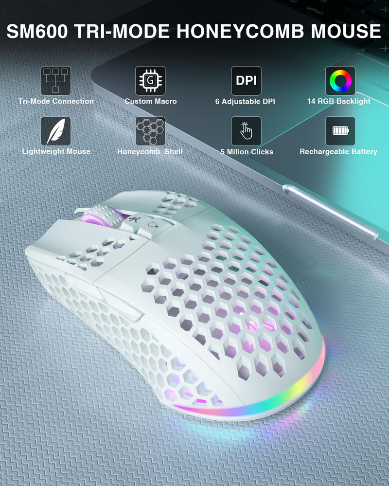 SM600 White Wireless Gaming Mouse,8000 DPI Tri-Modes BT5.1/Type-C Wired/2.4G Wireless Mouse with 2 Side Buttons, Programmable Macro Gamer Mouse with RGB Light for Laptop/PC/Mac SM600 PRO