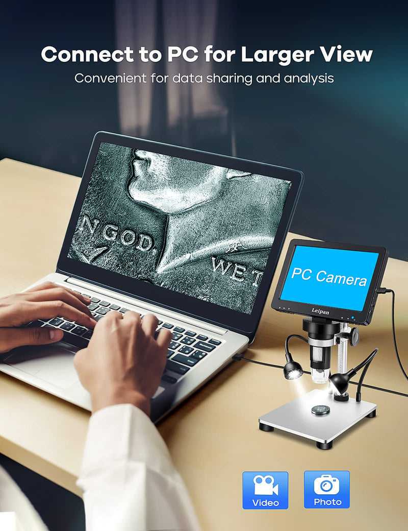 7" LCD Digital Microscope 1200X,Leipan 12MP Coin Microscope with Screen for Adults,1080P Coin Magnifier with 12pcs Slides,Wired Remote,2 Side Lights,Windows/Mac OS Compatible DM9-7" Digital Microscope