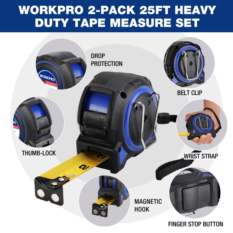 WORKPRO Heavy Duty Tape Measure, 2 Pcs 25FT Retractable Tape Measurement, Double Retract Long Stand Measuring Tape Accuracy 1/32 for Engineer, with Magnetic Hook, Belt Clip, Rubber Protective Casing Blue