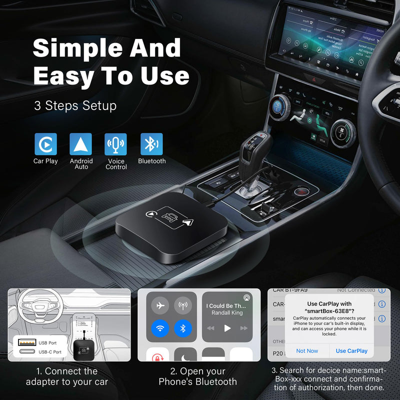 Carplay Wireless Adapter 2 IN 1 Apple Carplay/Android Auto Plug&Play USB Converter Carplay Dongle BT Transmitter/Aux Compatible All Car Models Smart Carplay Box Support iPhone 6+/iOS 10+/Android 11.0+