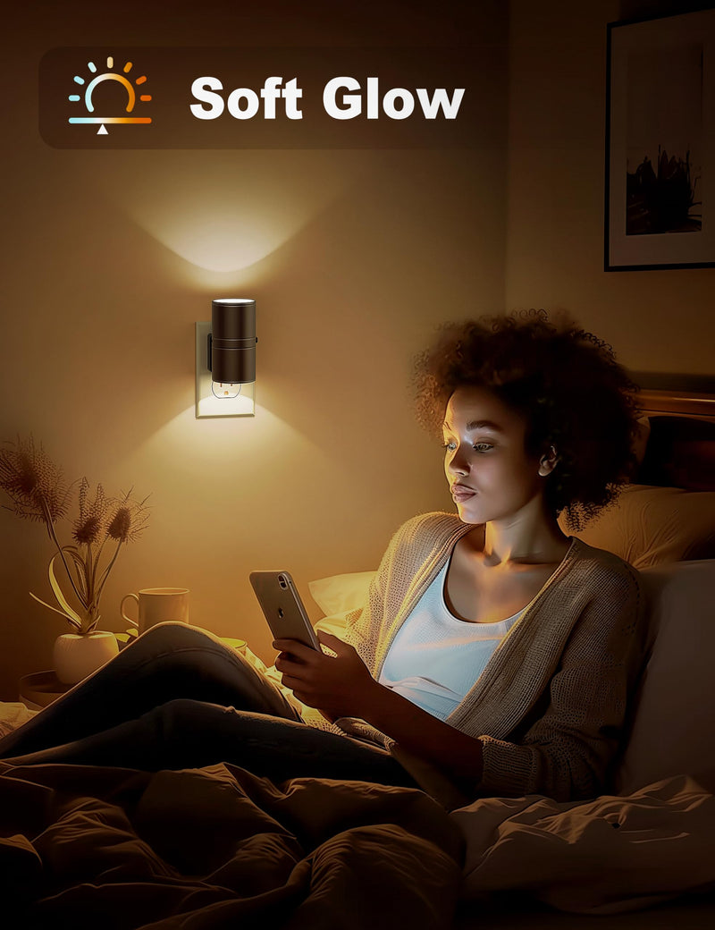 Night Lights Plug into Wall, Dimmable Night Light Plug in, Modern Night Lights with Dusk to Dawn Light Sensor, Soft White 3000K, 0-100LM Adjustable Brightness Nightlight for Hallway Bedroom, 4 Pack Warm - Black Shade