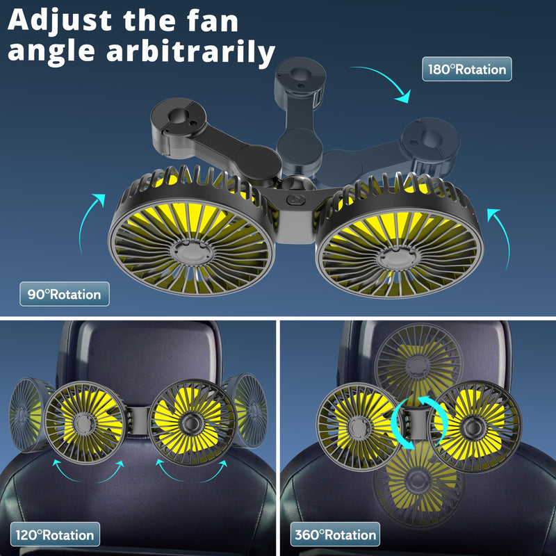 Car Fan for Backseat, Dual Head USB Car Seat Fan, 3 Speeds Strong Wind 360° Rotatable Vehicle Rear Headrest Fan for Car, Air Circulation Car Fans with Adjustable Clip for All Car Models