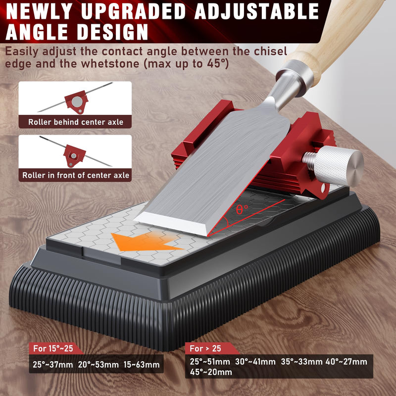 Honing Guide with Whetstone for Woodworking,Sharpening Jig Center Upgraded Honing Tool and Diamond Chisel Sharpening Stone Set Kit for Knife, Short Chisels and Planes, Fine/Coarse Plate, 400/1000/Grit Red