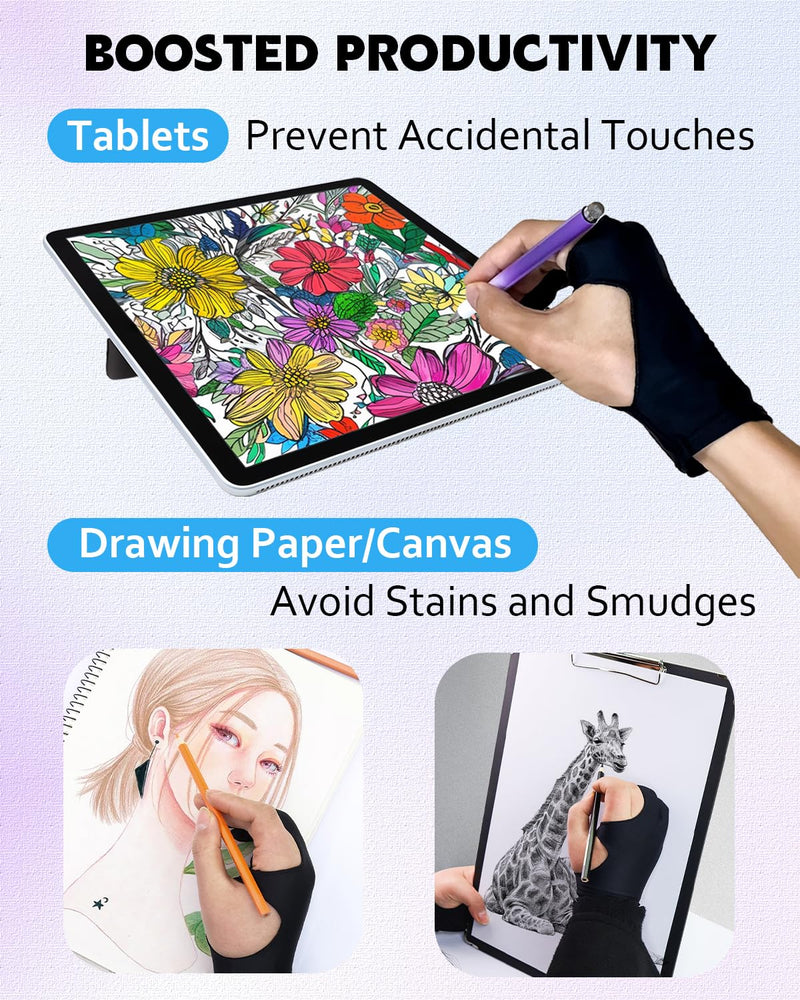 Drawing Glove Right Left Hand, Palm Rejection Digital Art Glove for Tablet iPad with Two Finger [2 Pack] Medium