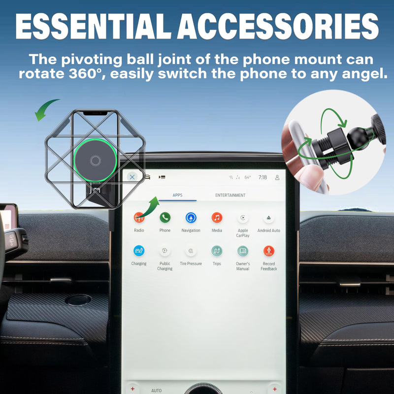 Car Phone Holder for 2021-2025 Ford Mustang Mach-E Accessories Apply to 15.5 Inch Touch Screen 15W Fast Wireless Charger Screen Fixed Clip Cell Phone Mount Hands-Free 360 Degree Rotation