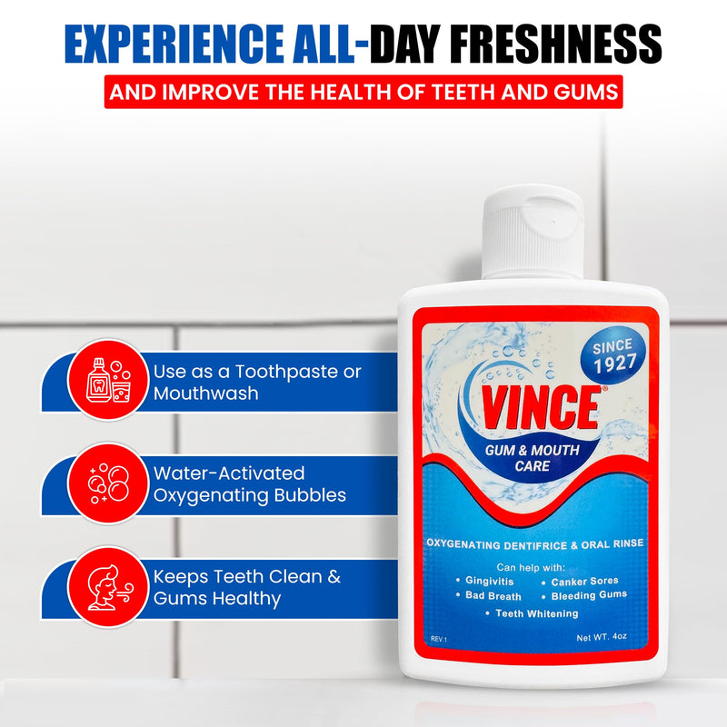 Vince Oxygenating Dentifrice - 2-1 Toothpaste & Mouthwash - Prevents Plaque Buildup - Cavity Prevention - Gingivitis - Bleeding, Receding Gums - Canker Sore - Bad Breath - Inflammation - 4oz 4 Ounce (Pack of 1)