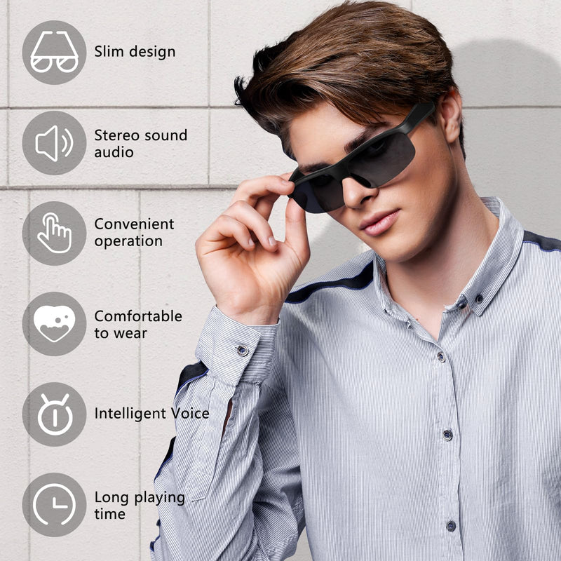 Smart Glasses, Polarized Bluetooth Sunglasses with Speaker, Voice Assistant, Open Ear, UV Protection Outdoor Audio Glass Black Frame-Black Lens-Style2