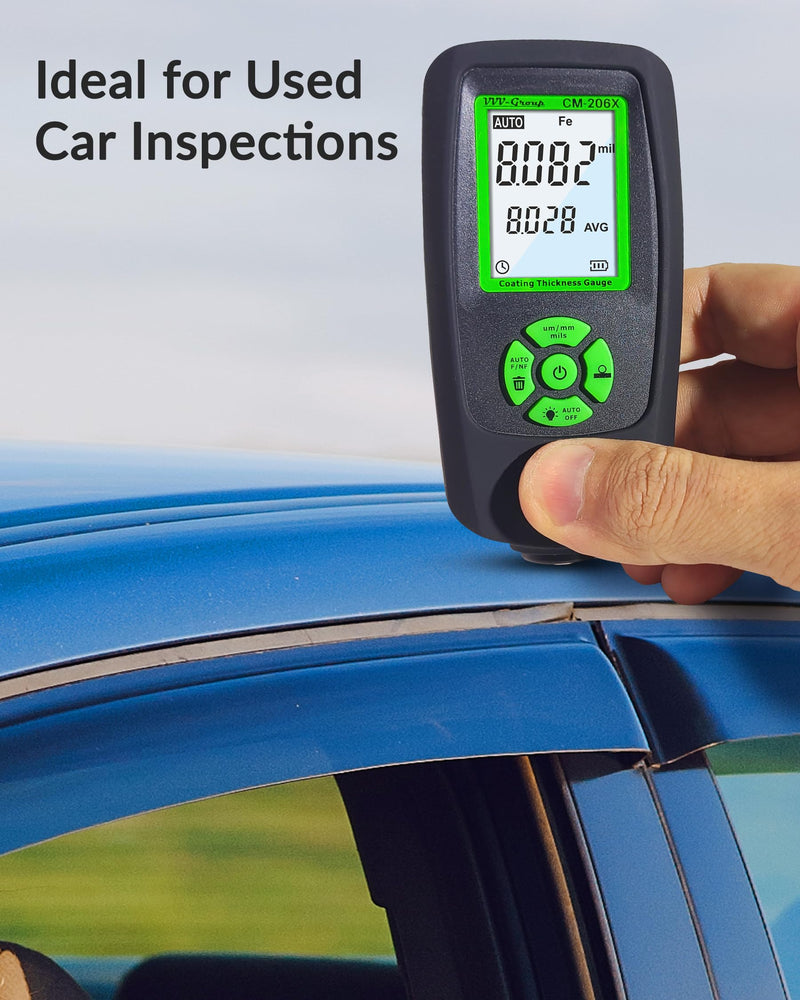 Paint Thickness Gauge – CM-206X Automotive Coating Thickness Meter 0–59.1 mils (0–1500 µm), 0.001 mils Resolution, Fe/NFe/Zn Auto Detection, Ruby Probe