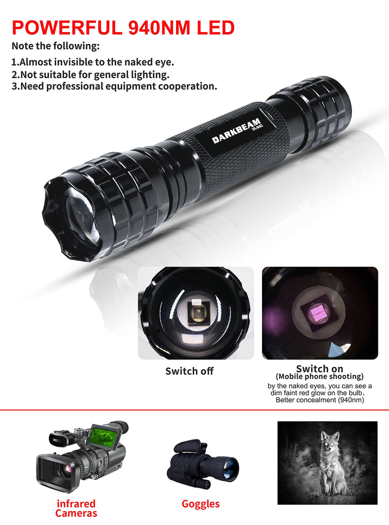 DARKBEAM ir Flashlight Infrared 940nm Lights LED Mini for Night Vision, Rechargeable Portable Tactical ir Illuminator Torch, Focus Adjustable for Hunting, Observation, Search, with Clip 501F IR-940nm Light with Clip
