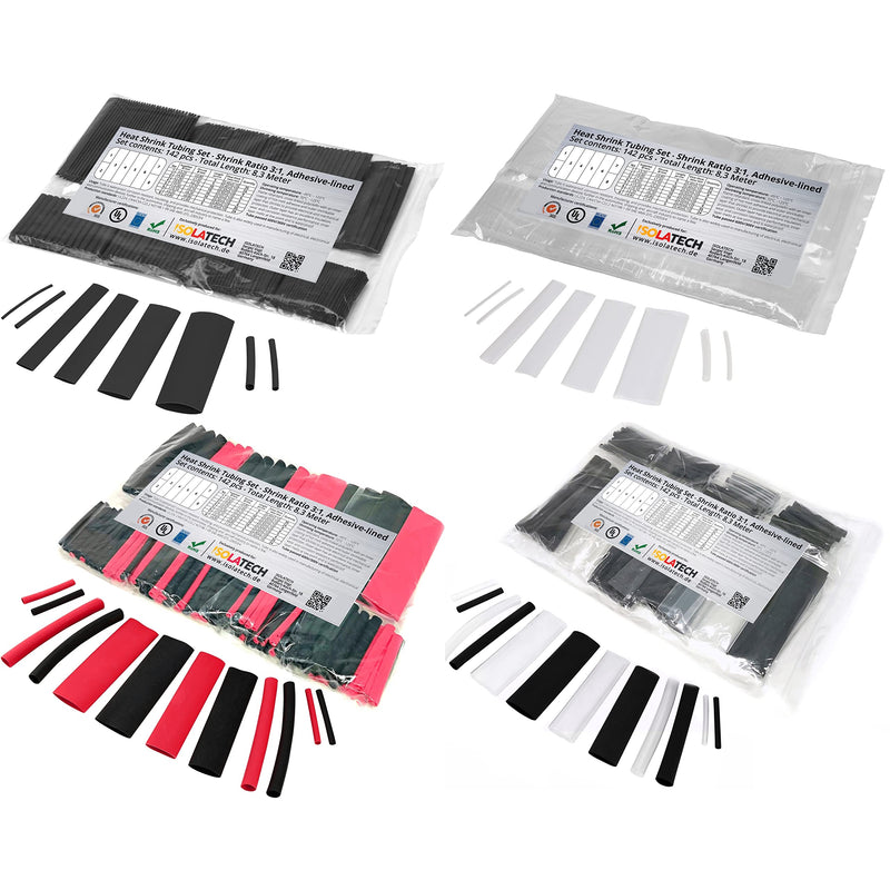 142 pieces 3:1 with adhesive transparent shrink tube assortment unlabelled. Set total length of 8.3m in plastic bag. Hot glue layer on the inside waterproof ISOLATECH