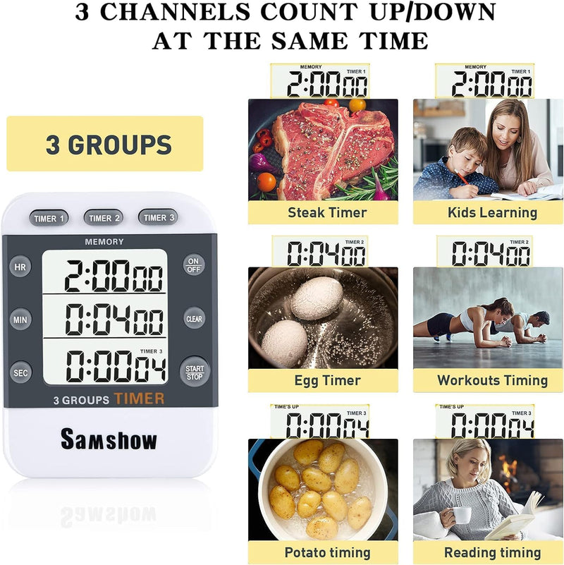 Samshow (2 Pack) Digital Kitchen Timers for Cooking Triple Timer Count UP/Down Dual Timer Large LCD Display, White 382*2