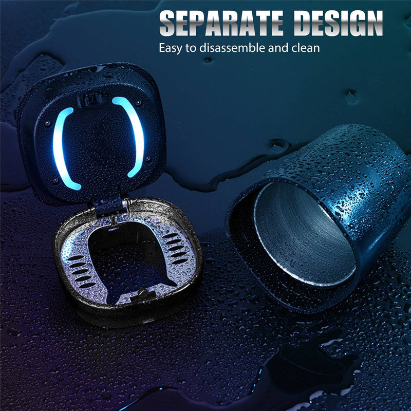 Car Ashtray with Lid Smell Proof, Smokeless Ashtray, Mini Car Trash Can, Detachable Stainless Steel Ash Tray with Lid and LED Blue Light Car Ashtray