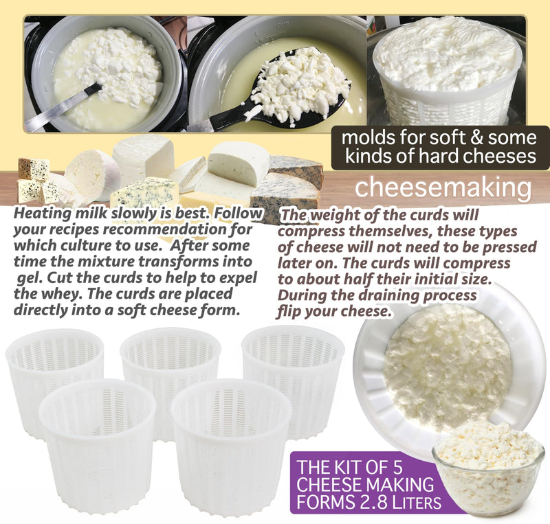 5 Pcs Soft Cheese Mold for Cheese Making 3 QT - Cheese Making Mold - Cream Cheese Form Mold - Homemade Cheese Making Supplies - Molde Para Queso Fresco Casero - Feta Ricotta Cheese Making Basket
