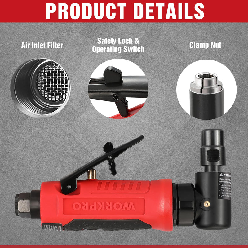 WORKPRO Air Angle Die Grinder, 1/4-Inch Pneumatic Right Angle Die Grinder, 20000RPM, Air-Powered 90 Degree for Grinding, Cutting, Polishing, Welding Repair, Deburring, 1/4" & 1/8" Collets Included 1/4-Inch Right Angle Die Grinder