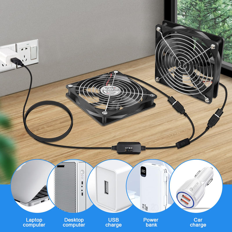 120mm Computer Case 5V USB Powered Fan, Small Silent Flat Cooler with Speed Controller for Receiver/Router/Electronic Equipment（2-in-1 Pack） 2 in 1-12025-USB