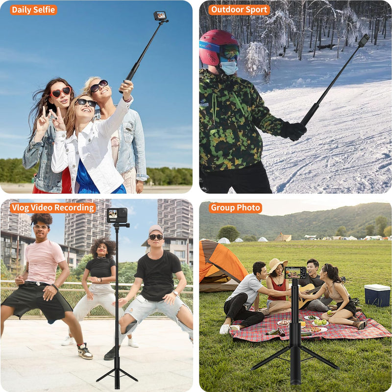 KONPCOIU 48" Invisible Extendable Camera Selfie Stick for Insta360, one x2 x2 x3 RS GO3 Gopro Max Hero 12 11 10 9 8 7 6 5 and Other Action Cameras with 1/4" Screw Mini Portable Camera Tripod 45inch