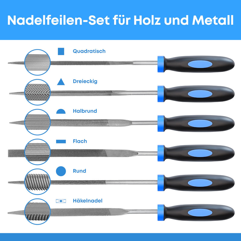 6-pc Needle File Set for Wood, Metal, Plastic & Jewellery - Small Round, Half-Round, Square, Triangle, Flat & Flat Pointed Files - Handy Tools for Fine Finishing w/Ergonomic Handles