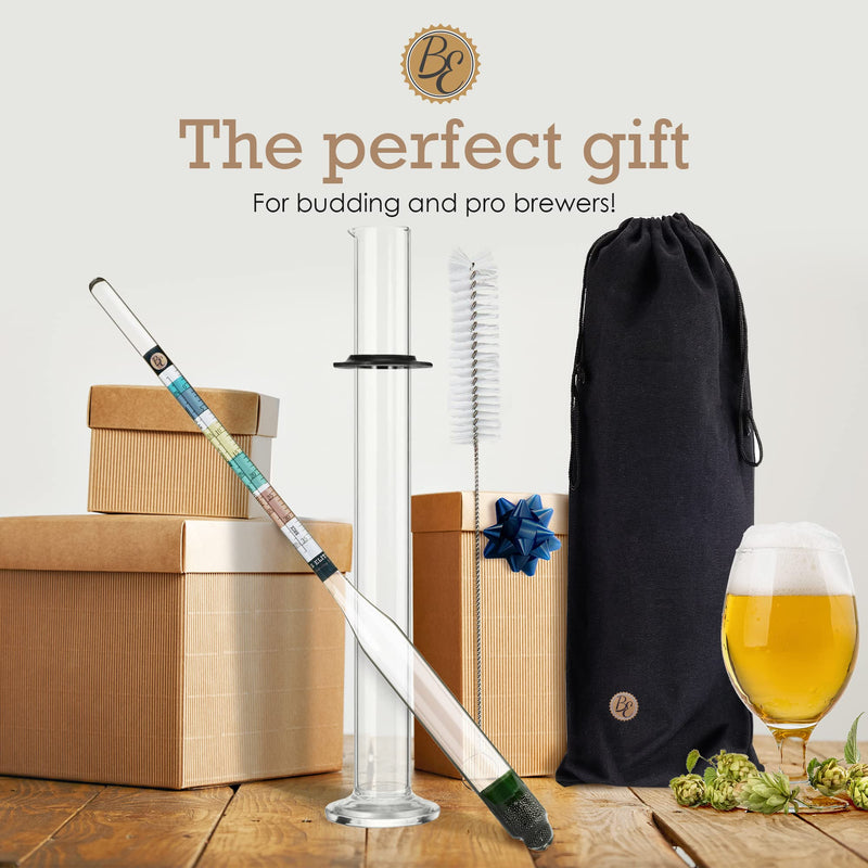 Brewer's Elite Hydrometer - for Home Brew Beer, Wine, Mead and Kombucha - Deluxe Triple Scale Set, Hardcase and Cloth - Specific Gravity ABV Tester (Hydrometer & Glass Test Jar Kit) Hydrometer & Glass Test Jar Kit
