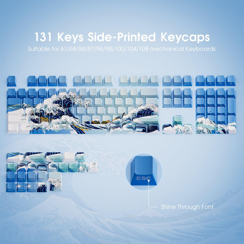 HITIME XVX Shine Through Keycaps, Side Print PBT Keycaps 75 Percent Dye Sub, 131 Keys Cherry Profile Custom Keycaps 60 Percent, Wave of Kanagawa Double Shot Keyboard Key caps for Mechanical Keyboards Blue Kanagawa Theme
