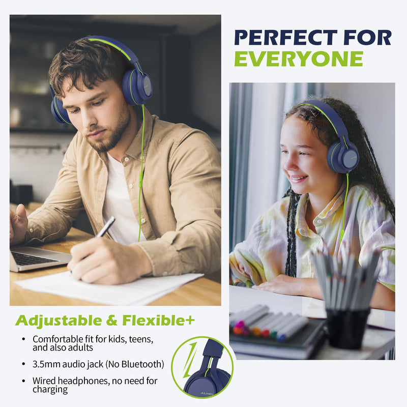 AILIHEN C8 Headphones Wired, On-Ear Headphones with Microphone and Volume Control, Corded 3.5mm Headset for Boys Girl School Smartphones Chromebook Laptop Computer Tablets Airplane Travel (Blue Green) Blue Green