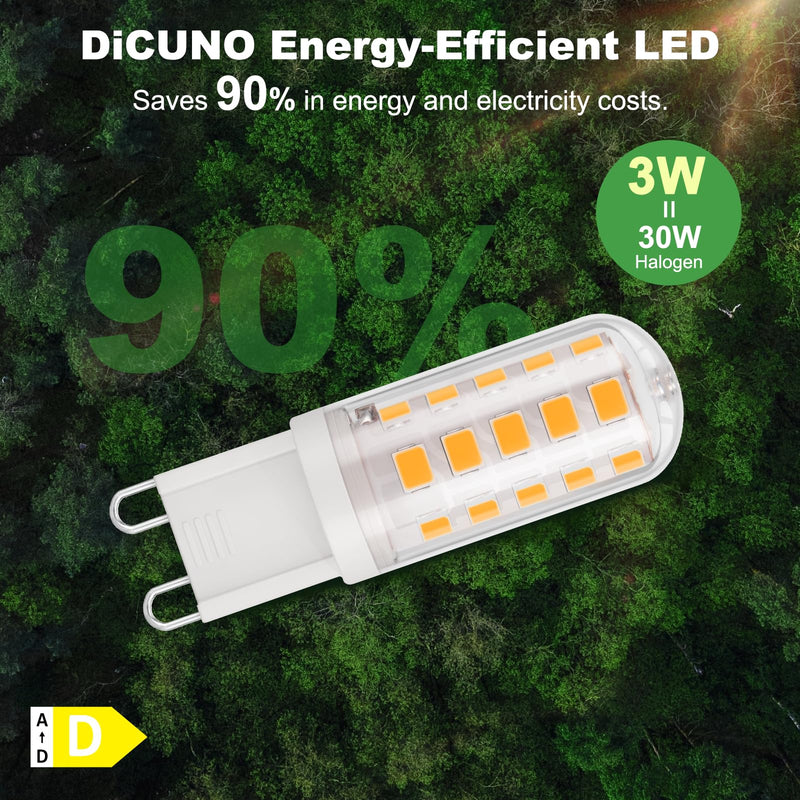 DiCuno G9 LED Lamp, Warm White 2700K, 3W Replaces 30W, 410lm, Pack of 6 | LED bulb G9 base, CRI 85, 360° beam angle, no flickering, non-dimmable, ceiling light, wall lights, mirrors 6 pcs (pack of 1)
