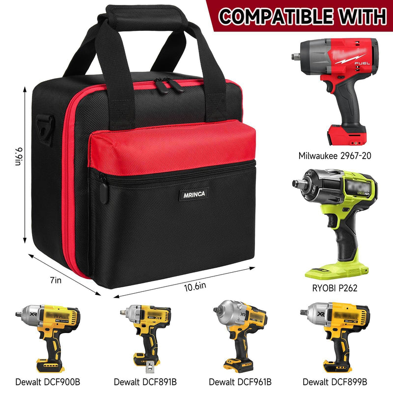 Impact Wrench Case Compatible with Milwaukee 2967-20/ Dewalt DCF900B/DCF891B/DCF961B/DCF899B Impact Wrench Kit,Tool Bag Compatible with Milwaukee Impact Battery and Charger,Bag Only Black red