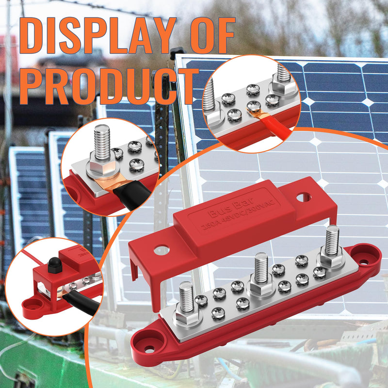 Joinfworld Power Distribution Block 12V Bus Bar 250A 5/16" Stud Marine Bus Bar Terminal Block 12 Volt DC Battery Busbar with Cover - Negative&Positive