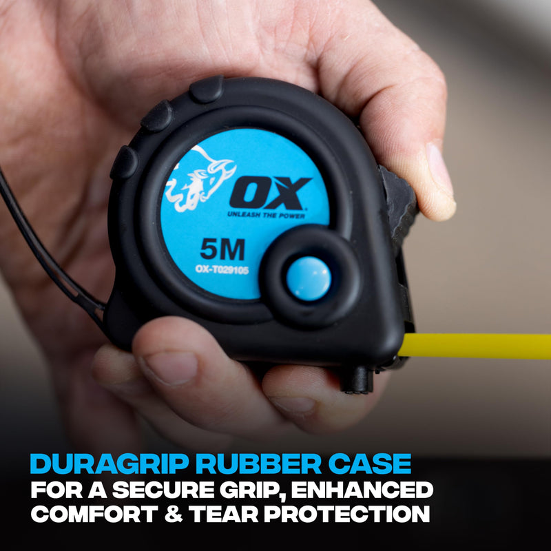 OX OX-T029105 Metric Only Trade Measure Tape, Black/Blue, 5 m | 5 m professional tape measure with 25 mm nylon blade, Duragrip rubber case