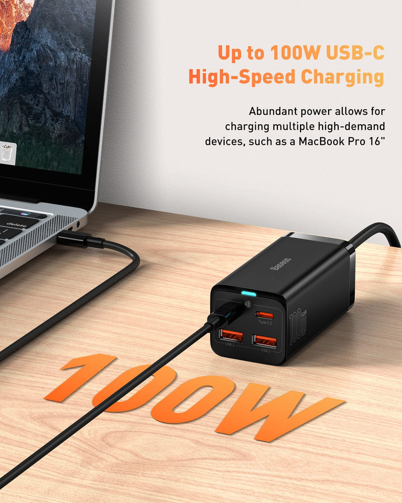 USB C Charger, Baseus 100W PD GaN3 Fast Wall Charger Block, 4-Ports [2USB-C + 2USB] Charging Station with 5ft Extension Cord for Steam Deck, MacBook Pro, iPhone 15/14/13, Samsung Galaxy, etc Black