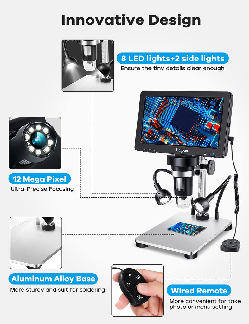 7" LCD Digital Microscope 1200X,Leipan 12MP Coin Microscope with Screen for Adults,1080P Coin Magnifier with 12pcs Slides,Wired Remote,2 Side Lights,Windows/Mac OS Compatible DM9-7" Digital Microscope