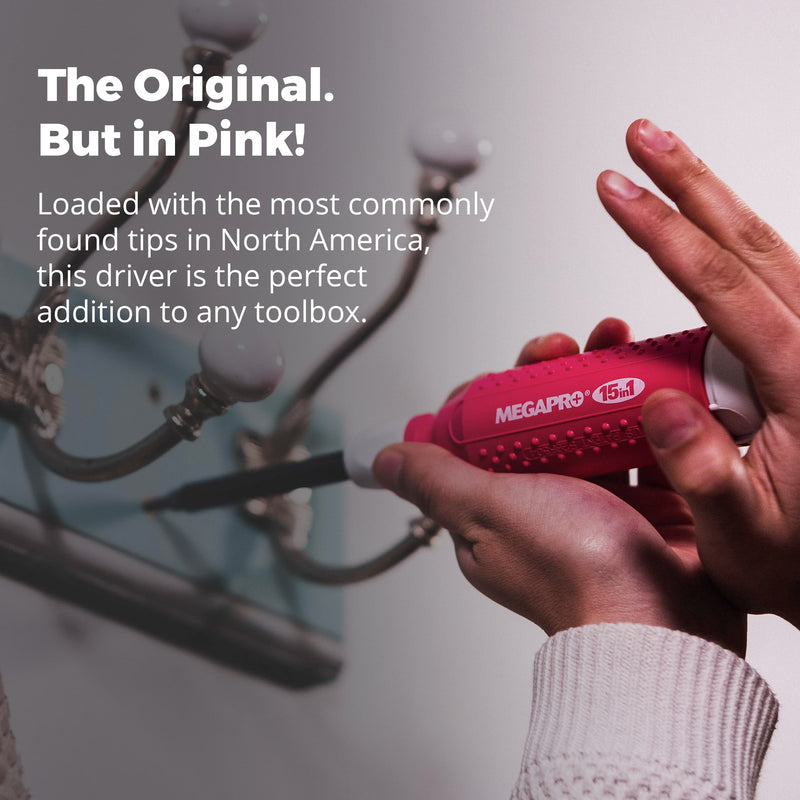 MEGAPRO® 15-in-1 Original Multi-bit Screwdriver | Home DIY & Repair | Construction | Tradeswork | 14 Industrial-grade bit tips | 1/4" Hex Drive in shaft (Pink) 15-in-1 Original Pink Multi-bit Screwdriver