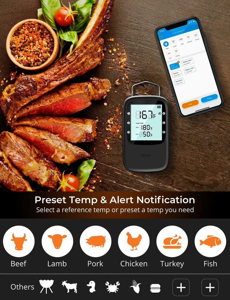 Govee Bluetooth Meat Thermometer, Wireless Meat Thermometer for Smoker Oven, Digital Grill Thermometer with 2 Probes, Timer Mode, Smart LCD Backlight BBQ Thermometer for Cooking Turkey Fish Beef 2 x Probes Black