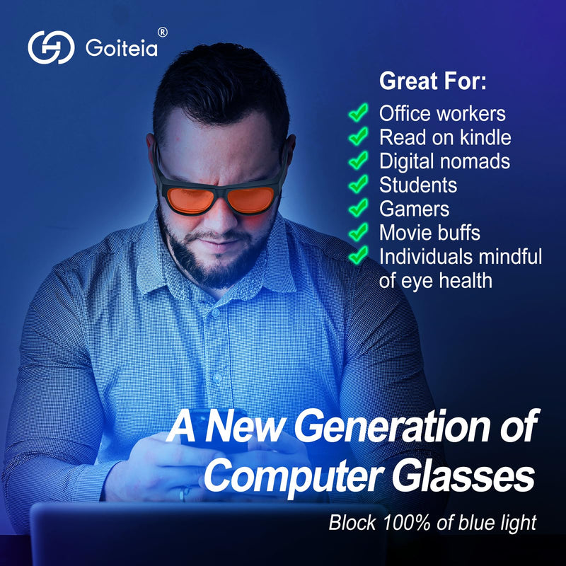 Goiteia 100% Orange Blue Light Blocking Fit over Glasses-Amber Tint Computer Gaming Glasses for Better Sleep/Eyes Strain/Light Sensitive-Ultra Light