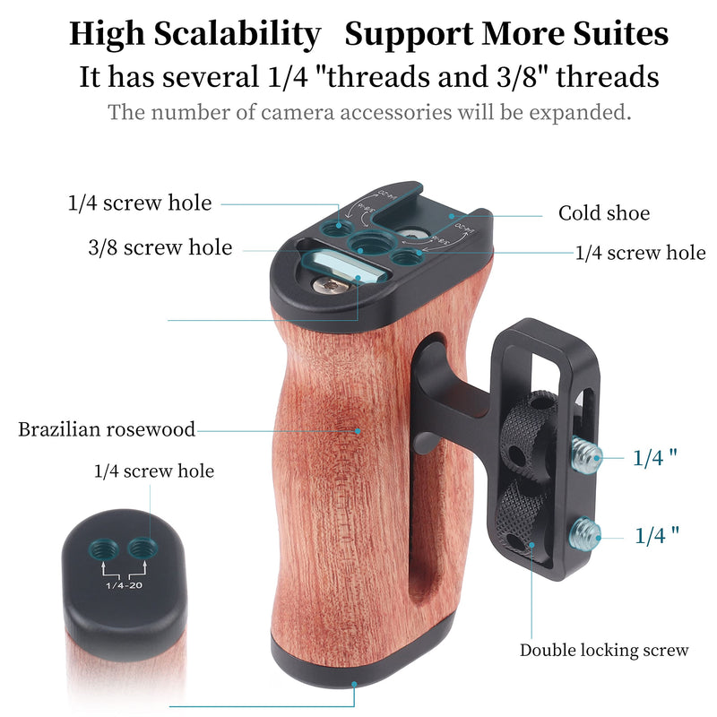 Hersmay Mini Side Wooden Handle Grip with ARRI-Style Mount Screw & Cold Shoe Mount 1/4 &3/8 Inch Screw for DSLR/Vlog Camera Cage