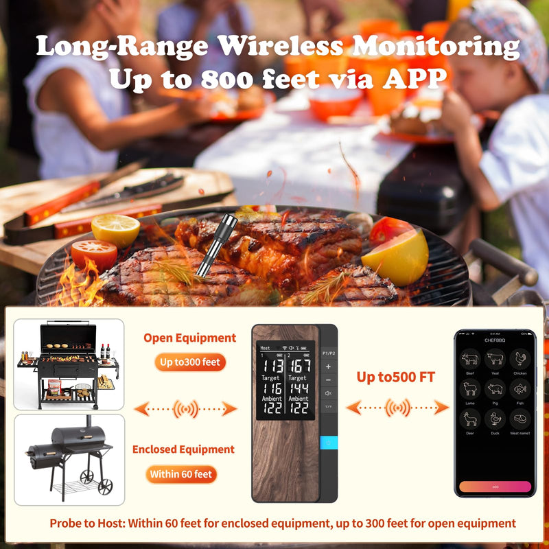 Wireless Meat Thermometer-Multi Sensors Digital Food Thermometer with Ultra-Thin Probes, Accuracy Smart Bluetooth Meat Thermometer for Steak, BBQ, Oven, Grill, Smoker,Recipes in App & Host 2 Probes