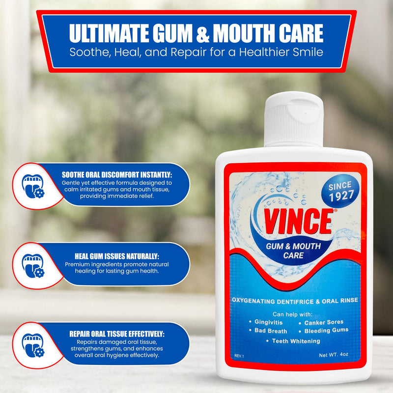 Vince Oxygenating Dentifrice - 2-1 Toothpaste & Mouthwash - Prevents Plaque Buildup - Cavity Prevention - Gingivitis - Bleeding, Receding Gums - Canker Sore - Bad Breath - Inflammation - 4oz 4 Ounce (Pack of 1)