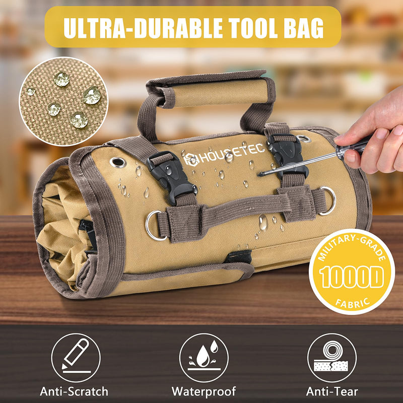 Roll Up Tool Bag-Gifts For Men Dad Husbands Him, Father's Day Birthday Gifts For Men, Heavy Duty Tool Organizer Bag With 2 Detachable Pouches &Wrench Roll Mechanic Carpenter (Khaki) Khaki