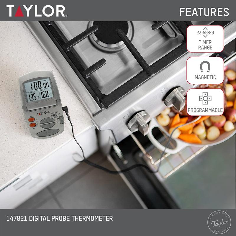 Taylor Programmable Instant-Read Wired Probe Digital Meat Thermometer, Stainless Steel for BBQ, Grill, Kitchen Cooking, Accurate Temperature Readings One Size 1478