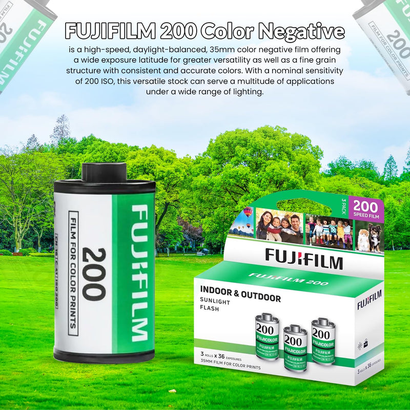 FUJIFILM 200 Color Negative Film (35mm Roll Film, 36 Exposures, 3-Pack) + BluebirdSales Microfiber Cleaning Cloth Bundle 200 Speed Film